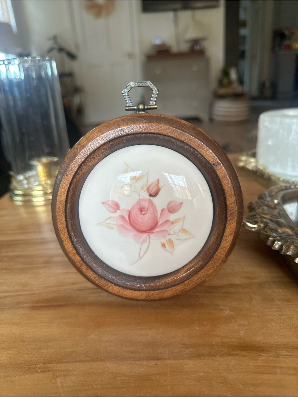 Handpainted Wood Framed tile Floral Wall Plaque - Pink Rose brass hanger